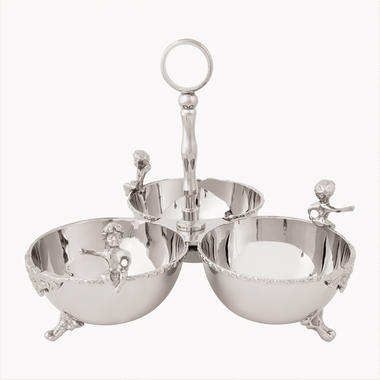 Silver Diana Steel and Brass Three-Bowl Appetizer Platter